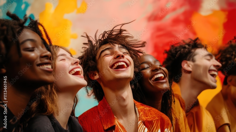 Obraz premium Diverse group of happy young adults laughing together against a colorful background.