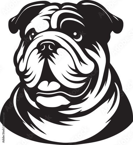This stylized black and white vector illustration showcases a majestic bulldog, embodying strength, loyality, and resilience. perfect for designs related to pet adoption and urban lifestyle.
