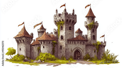 Medieval castles set isolated on white background. Vector cartoon illustration of ancient fairy tale palace with flags on tower, windows and gates, old royal fortress, game kingdom design elements