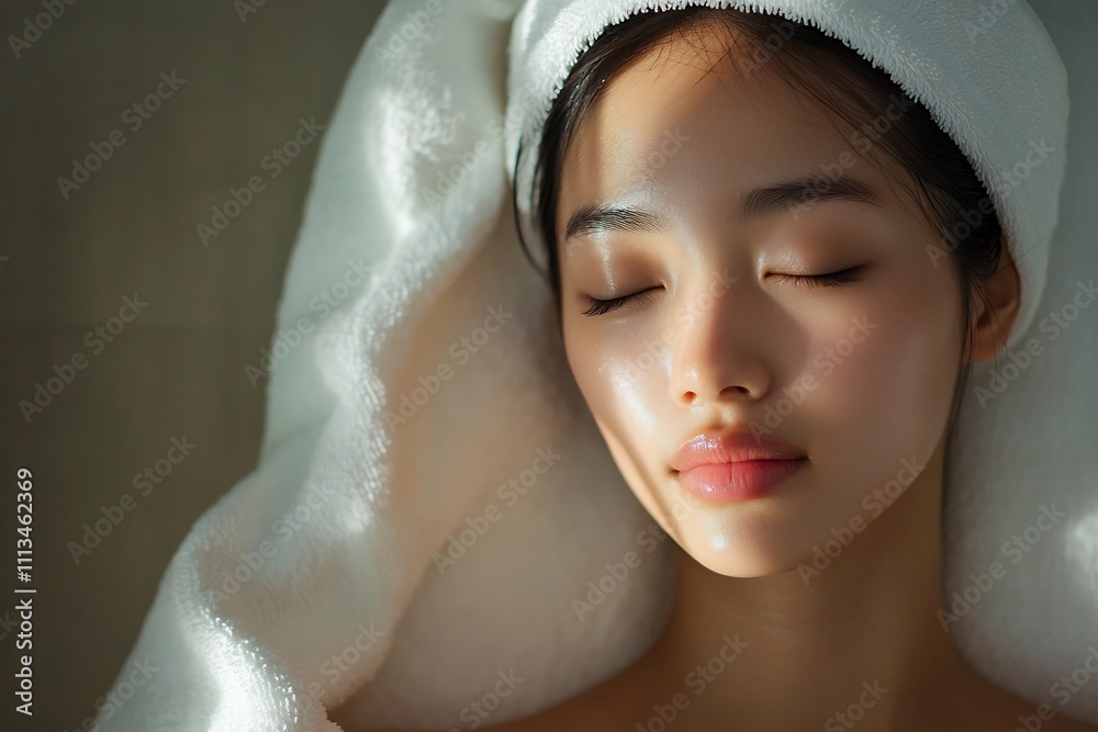 Fototapeta premium Serene and Effortlessly Gorgeous Asian Woman in a Tranquil Morning Pampering Session