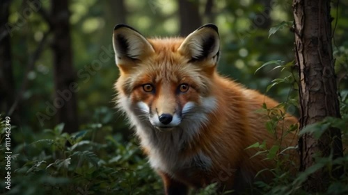 Animation of The Shy Fox Peeking Through the Bushes. Fox observing from the bushes, eyes shining through leaves. Realistic motion. photo