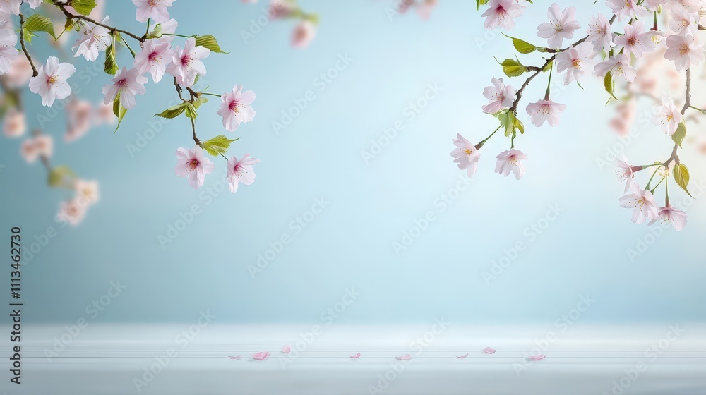 Fototapeta premium A blue sky with pink flowers on the branches