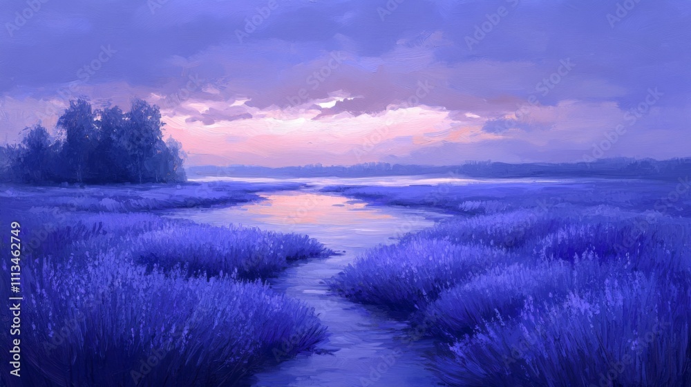 Obraz premium Lavender Field with Stream and Pastel Sunset Sky