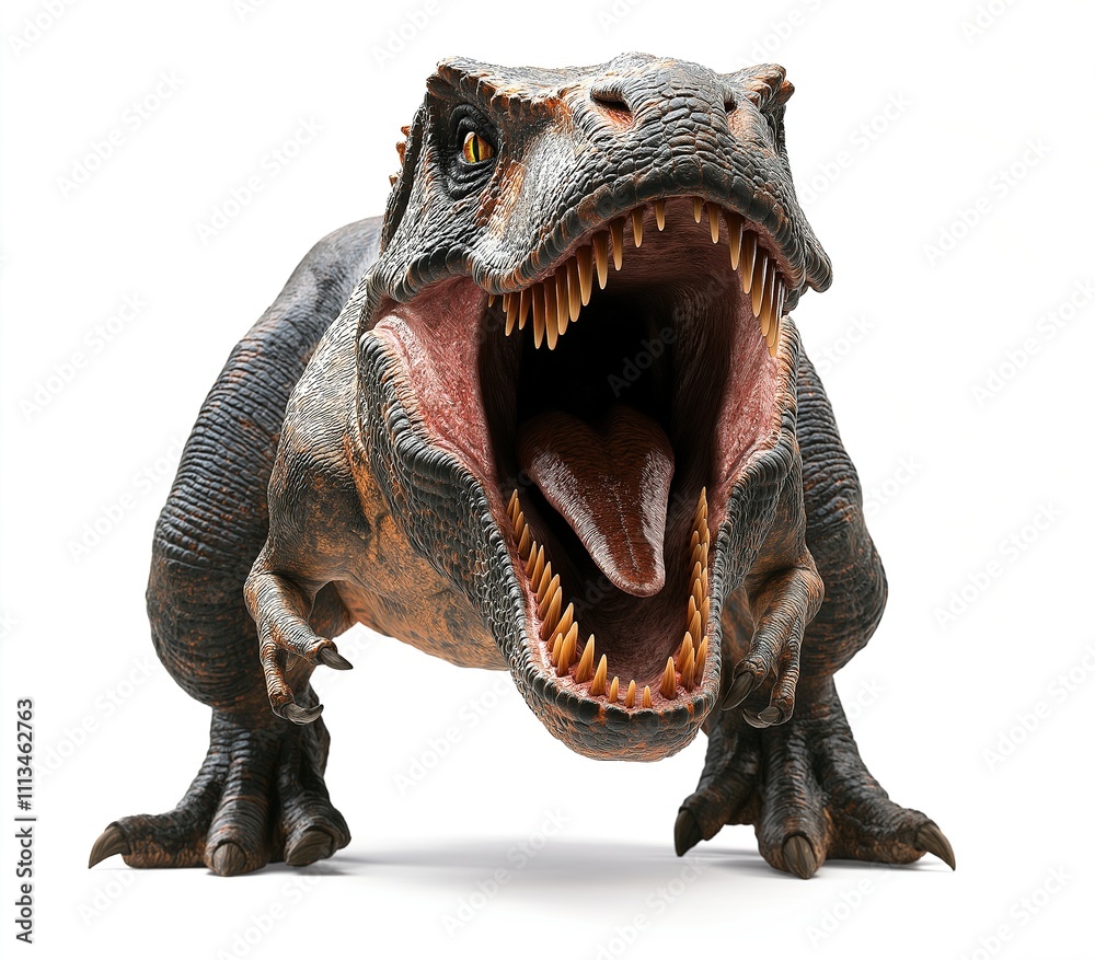 Dinosaur Tyrannosaurus Rex or T Rex opening its mouth to roar and chasing with ferocity isolated on white background Dinosaur Tyrannosaurus Rex or T Rex opening its mouth to roar and chasing with ferocity isolated on white background