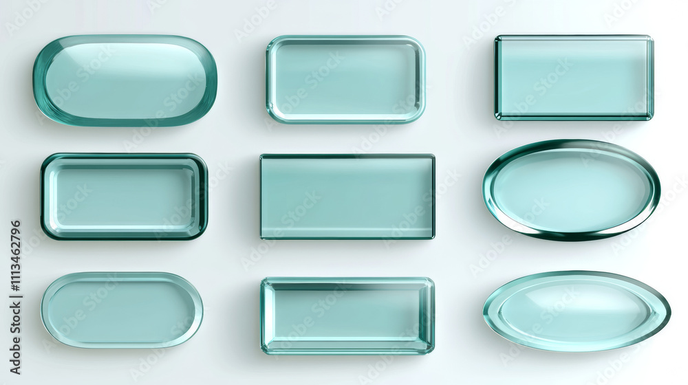 Glass banner or plate, set of realistic vector illustrations. Blank rectangular and round clear acrylic glass panel with reflection and glossy glow isolated on transparent background, button or badge Glass banner or plate, set of realistic vector illustrations. Blank rectangular and round clear acrylic glass panel with reflection and glossy glow isolated on transparent background, button or badge