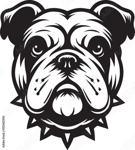 This stylized black and white vector illustration showcases a majestic bulldog, embodying strength, loyality, and resilience. perfect for designs related to pet adoption and urban lifestyle.