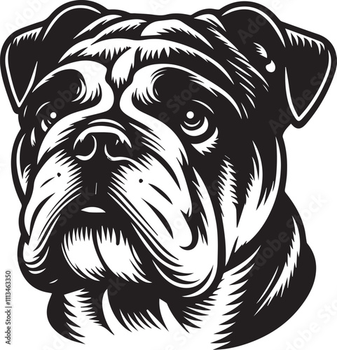 This stylized black and white vector illustration showcases a majestic bulldog, embodying strength, loyality, and resilience. perfect for designs related to pet adoption and urban lifestyle.