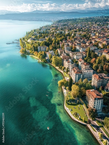 Lausanne, Switzerland. Flight over the central part of the city. The coast of Lake Geneva, Aerial View.