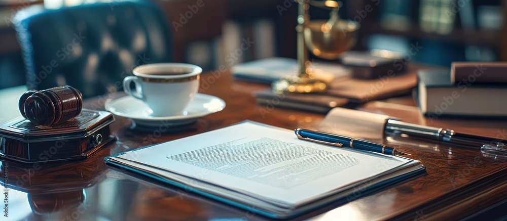 A close-up of a wooden desk with a document, a pen, a cup of coffee, and a gavel. A close-up of a wooden desk with a document, a pen, a cup of coffee, and a gavel.