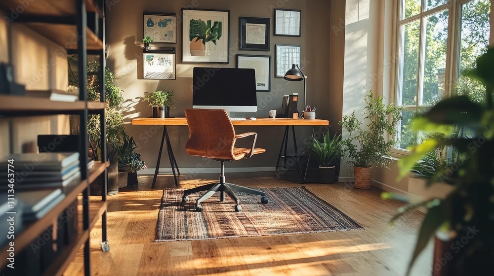 A stylish home office with a designer chair, adding elegance to the space A stylish home office with a designer chair, adding elegance to the space