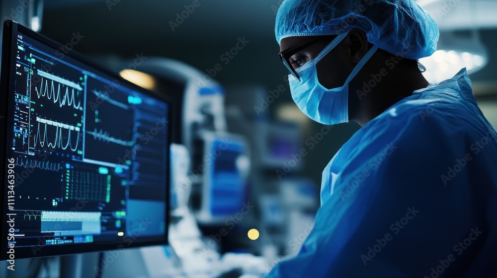 Surgeon reviewing patient vital signs on a monitor in a hospital operating room. Surgeon reviewing patient vital signs on a monitor in a hospital operating room.