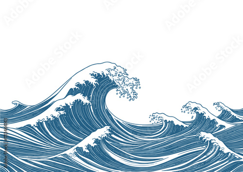 浮世絵風の波イラスト、葛飾北斎の神奈川沖浪裏風、海・水・和風背景、Traditional Japanese Wave Illustration Inspired by Hokusai – The Great Wave with Copy Space