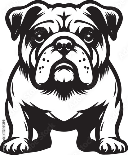 This stylized black and white vector illustration showcases a majestic bulldog, embodying strength, loyality, and resilience. perfect for designs related to pet adoption and urban lifestyle.