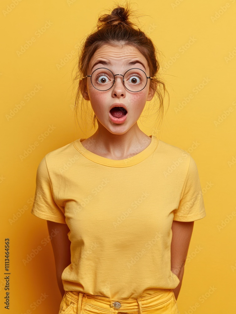 Portrait of embarrassed shocked pretty girl stands with surprised expression stares in disbelief keeps jaw dropped wears round eyeglasses and casual clothes isolated on yellow background. Emotions Portrait of embarrassed shocked pretty girl stands with surprised expression stares in disbelief keeps jaw dropped wears round eyeglasses and casual clothes isolated on yellow background. Emotions