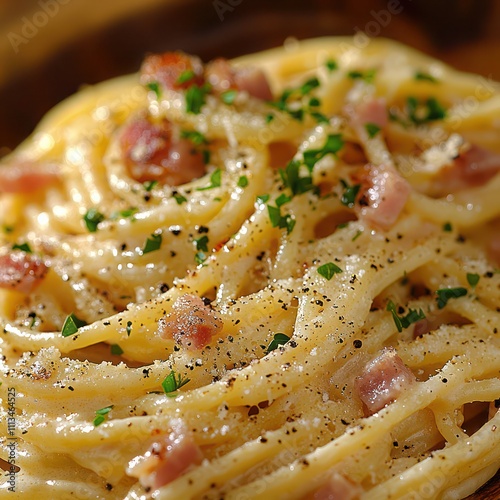 a plate of spaghetti carbonara, garnished with parmesan cheese, chopped parsley and pancetta photo