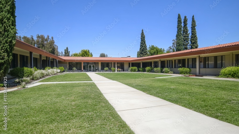 Obraz premium Senior care facility exterior with well-maintained garden and welcoming entrance. Emphasizing comfort and dignity in elderly living environments.