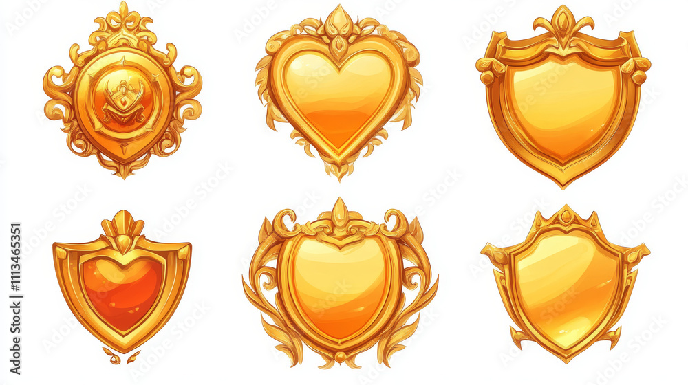 Golden avatar frames, game winner award badges isolated on background. Vector cartoon set of empty achievement emblems with decorative golden borders different shapes Golden avatar frames, game winner award badges isolated on background. Vector cartoon set of empty achievement emblems with decorative golden borders different shapes