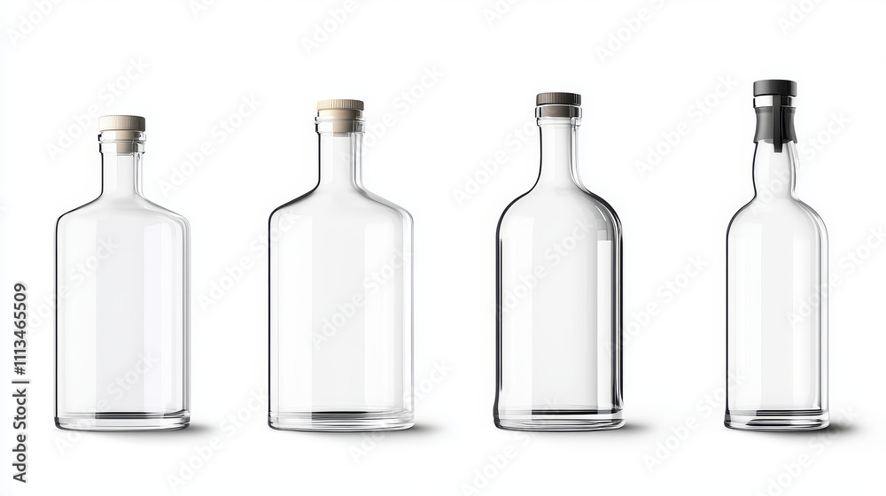 Vodka and liquor glass bottles realistic vector illustration. Empty clear alcohol packaging, unlabeled closed containers of various shapes isolated on transparent white background, mockup Vodka and liquor glass bottles realistic vector illustration. Empty clear alcohol packaging, unlabeled closed containers of various shapes isolated on transparent white background, mockup