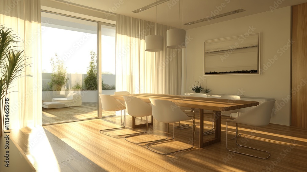 Fototapeta premium Modern Dining Room With Terrace View And Sunlight