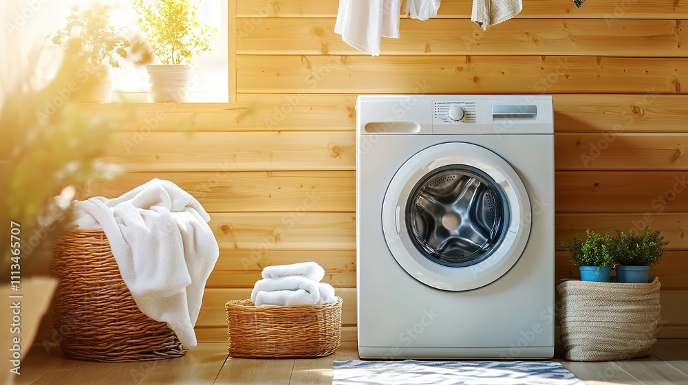 White washing machine in a sunlit wooden laundry room with baskets of clean clothes and plants. White washing machine in a sunlit wooden laundry room with baskets of clean clothes and plants.