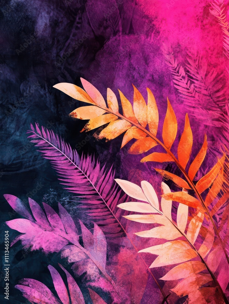 Obraz premium Tropical foliage art background vector.Digital print design with palm, floral and leaves with watercolor brush texture. Canvas art for wallpaper, wall arts, prints, fabric, pattern and packaging.