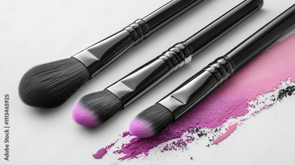 Makeup brushes with swatches of eyeshadow and liner. Vector realistic set of 3d professional cosmetic tools with pink and purple powder splashes and black brush strokes