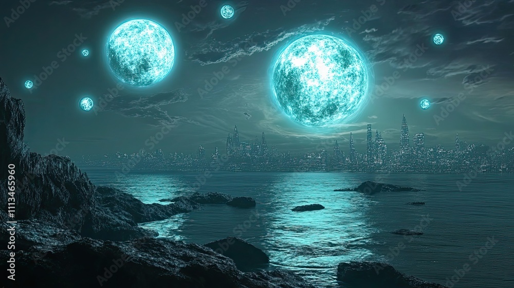 Fototapeta premium Futuristic Cityscape Under Glowing Celestial Bodies