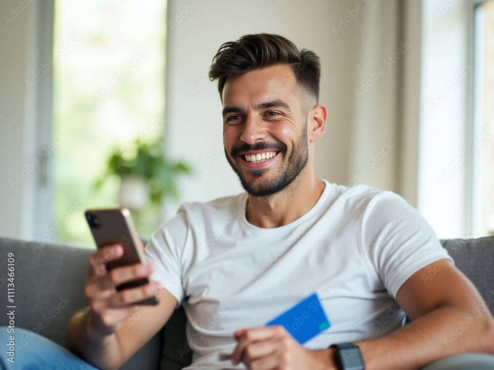 A cheerful man with a smartphone and credit card in hand, radiating satisfaction in a bright, modern, welcoming space. A cheerful man with a smartphone and credit card in hand, radiating satisfaction in a bright, modern, welcoming space.