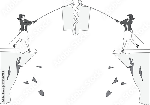 Undermines unity to the detriment of unity. Damage to the team, broken partnership, difficult relationship, two businesswomen tug of war and tear apart the puzzle