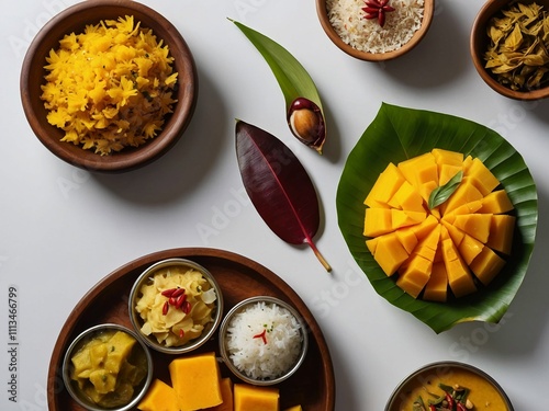serving top view traditional bowls decorated with sliced ​​mango and fruits with rice and spices for ugadi festival