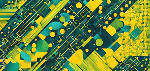 abstract wallpaper illustration, symbolic for artificial intelligence, lines, dots and pattern, vibrant yellow green and blue hues photo