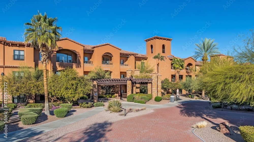 Obraz premium people care facility exterior with well-maintained garden and welcoming entrance. Emphasizing comfort and dignity in elderly living environments.