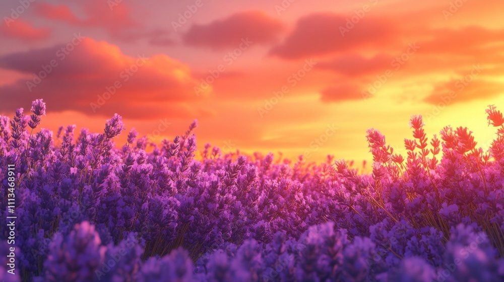 Fototapeta premium Lavender Field at Sunset with a Vibrant Orange Sky
