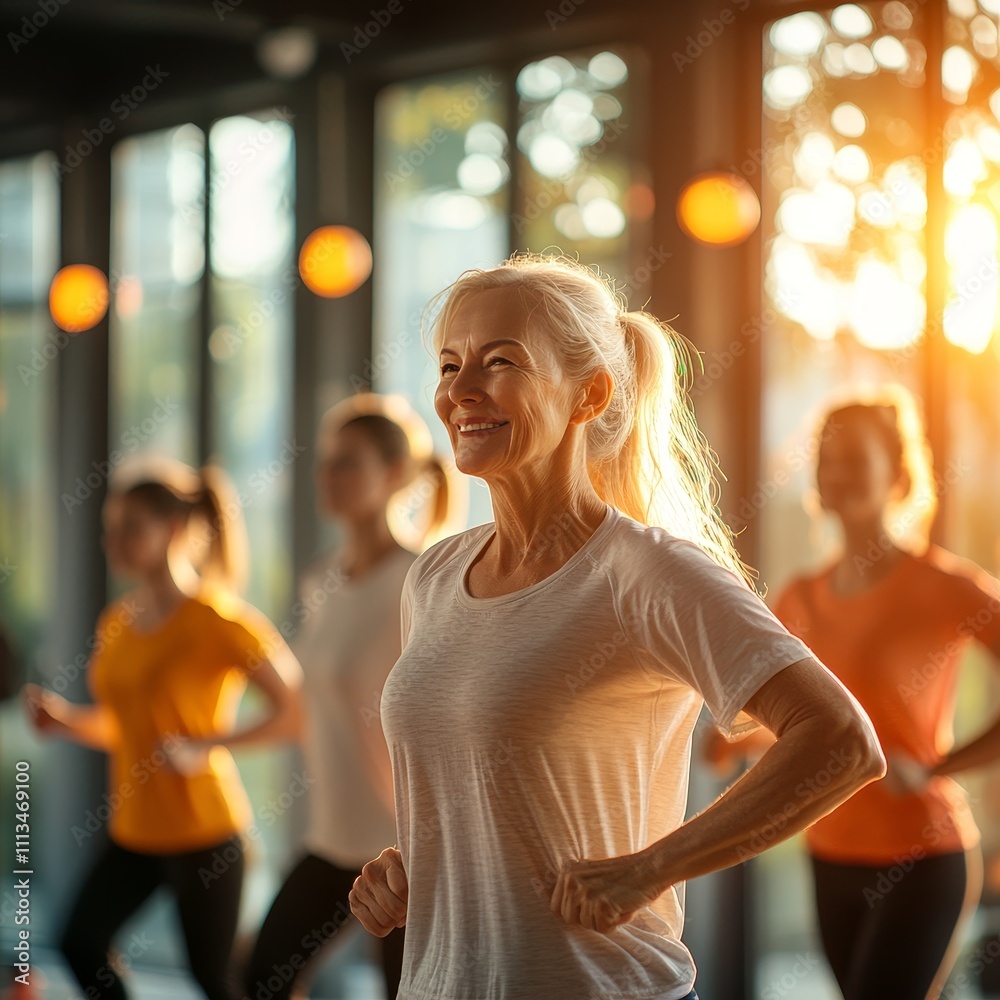 Fototapeta premium Dynamic fitness class led by senior instructor urban gym exercise session vibrant atmosphere inspirational leadership concept