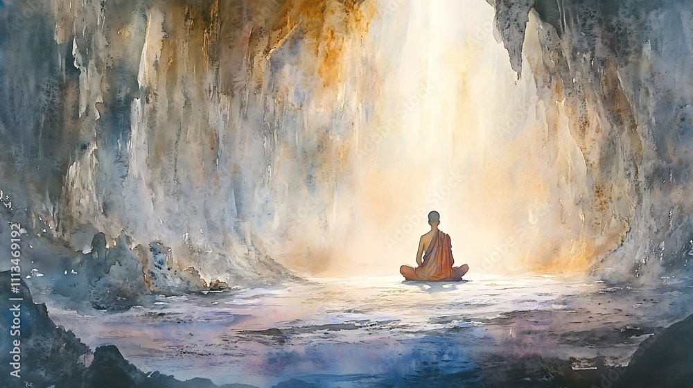 Monk meditating in a serene cave, illuminated by sunlight. Monk meditating in a serene cave, illuminated by sunlight.