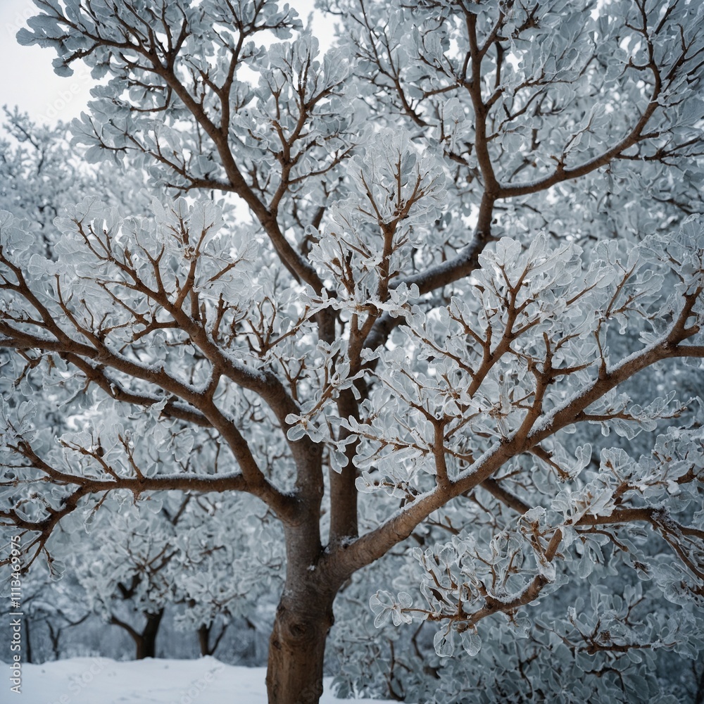 A fig tree in winter, its branches outlined in frost and snow, depicted on a white background. A fig tree in winter, its branches outlined in frost and snow, depicted on a white background.