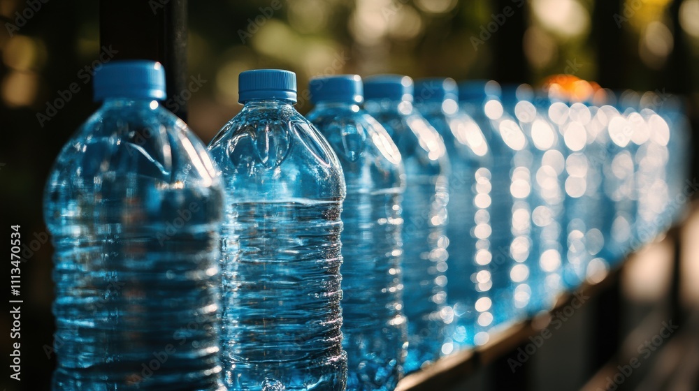 Row of Blue Water Bottles on Bicycle Rack Outdoors Row of Blue Water Bottles on Bicycle Rack Outdoors