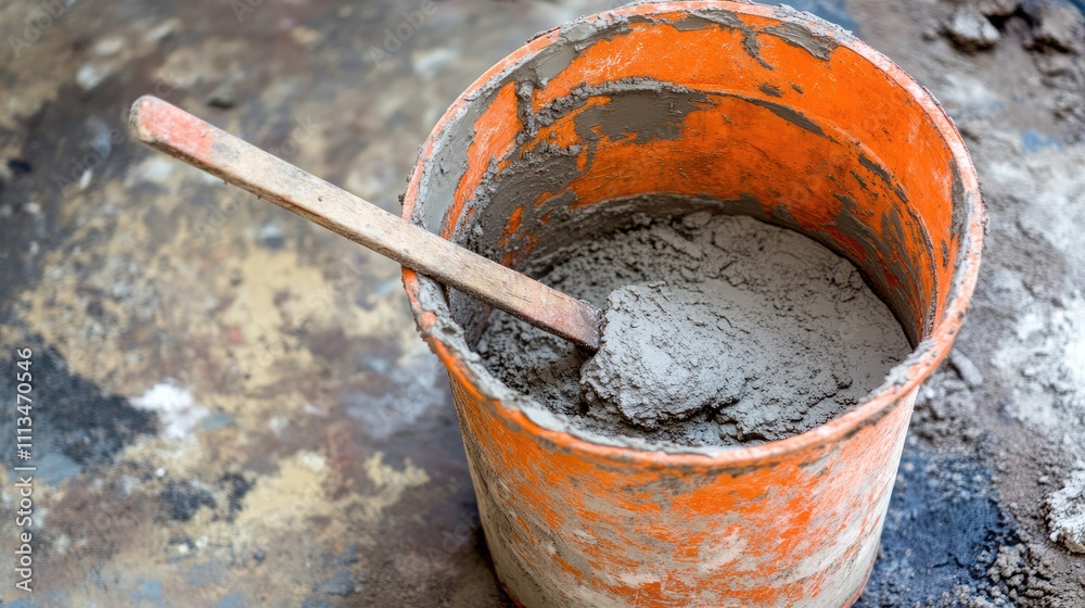 Close-Up of Concrete Mixture in Orange Bucket with Wooden Stick Close-Up of Concrete Mixture in Orange Bucket with Wooden Stick