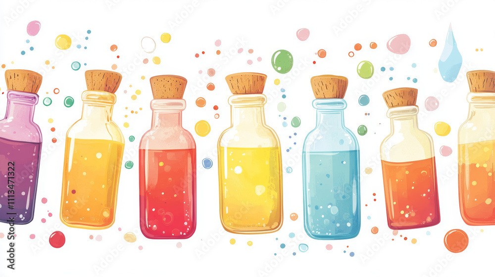 Set of glass bottles with magic elixir isolated on background. Vector cartoon illustration of corked vials with colorful love potion, poison antidote, alchemy medicine, chemical liquid substance Set of glass bottles with magic elixir isolated on background. Vector cartoon illustration of corked vials with colorful love potion, poison antidote, alchemy medicine, chemical liquid substance