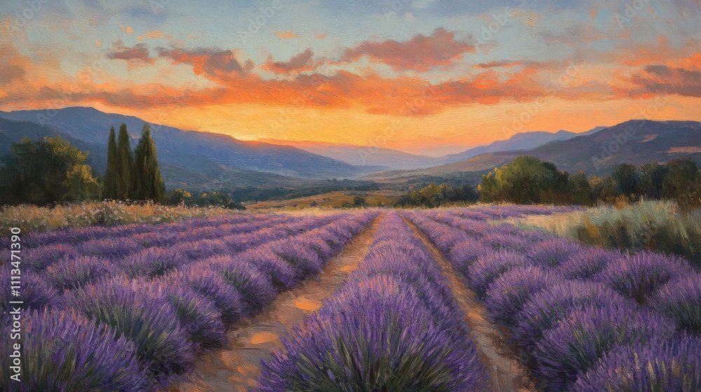 Sunset over a Field of Lavender with Mountains in the Distance Sunset over a Field of Lavender with Mountains in the Distance