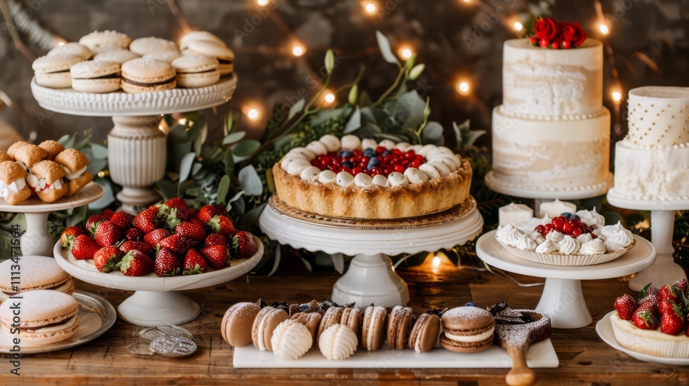 Fototapeta premium A Delectable Display of Elegant Desserts and Cakes Surrounded by Fresh Fruits and a Touch of Greenery for a Sweet Celebration or Event