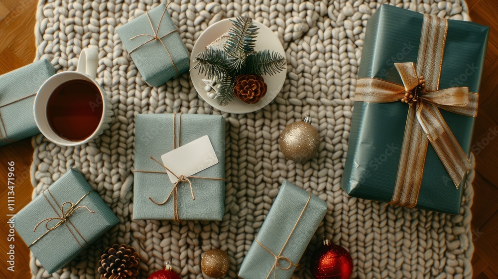 Fototapeta premium Beautifully Wrapped Presents and Festive Decorations on Cozy Knitted Rug with Cup of Tea, Pine and Ornaments for Holiday Season Celebrations