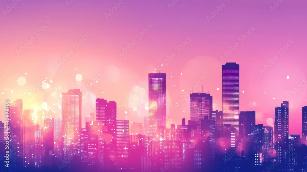 Pink and purple city skyline at sunset with bokeh effect. Pink and purple city skyline at sunset with bokeh effect.
