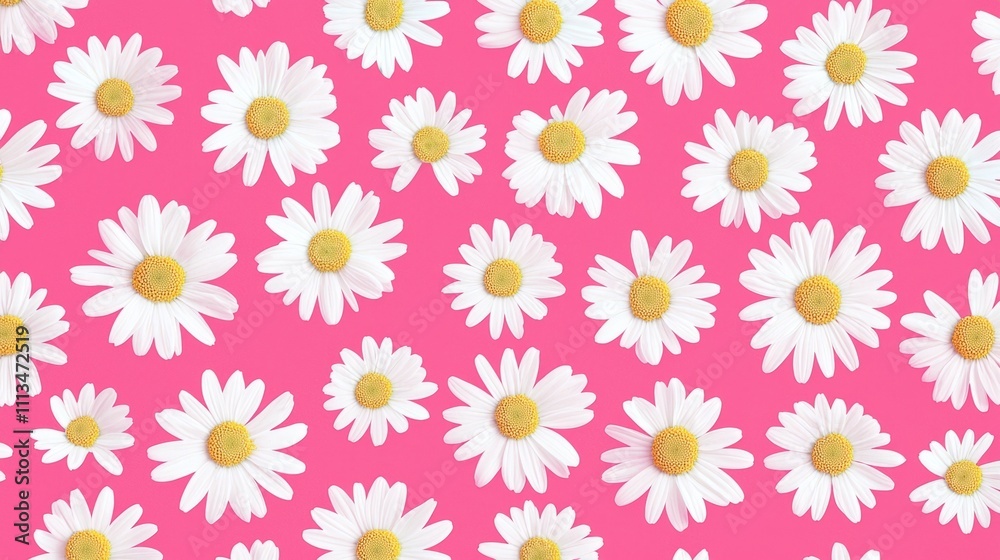 Daisy pattern on a pink background. The photo symbolizes the joy of spring and natural beauty through a minimalistic arrangement of white daisies on a pastel pink background. Daisy pattern on a pink background. The photo symbolizes the joy of spring and natural beauty through a minimalistic arrangement of white daisies on a pastel pink background.
