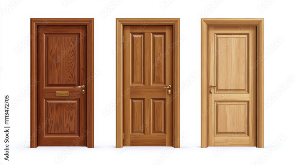 Close and open wooden doors with chrome handles, interior doorways, modern design elements isolated on white background. welcome, invitation to enter, new opportunity, Realistic 3d vector illustration Close and open wooden doors with chrome handles, interior doorways, modern design elements isolated on white background. welcome, invitation to enter, new opportunity, Realistic 3d vector illustration