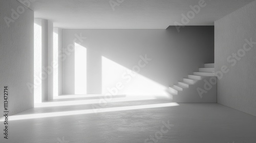 Minimalist White Room Interior Staircase Sunlight