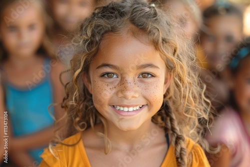 Joyful Girl with Freckles Smiling in a Summer Outdoor Setting Surrounded by Friends, Capturing Happiness and Childhood Innocence in Natural Light