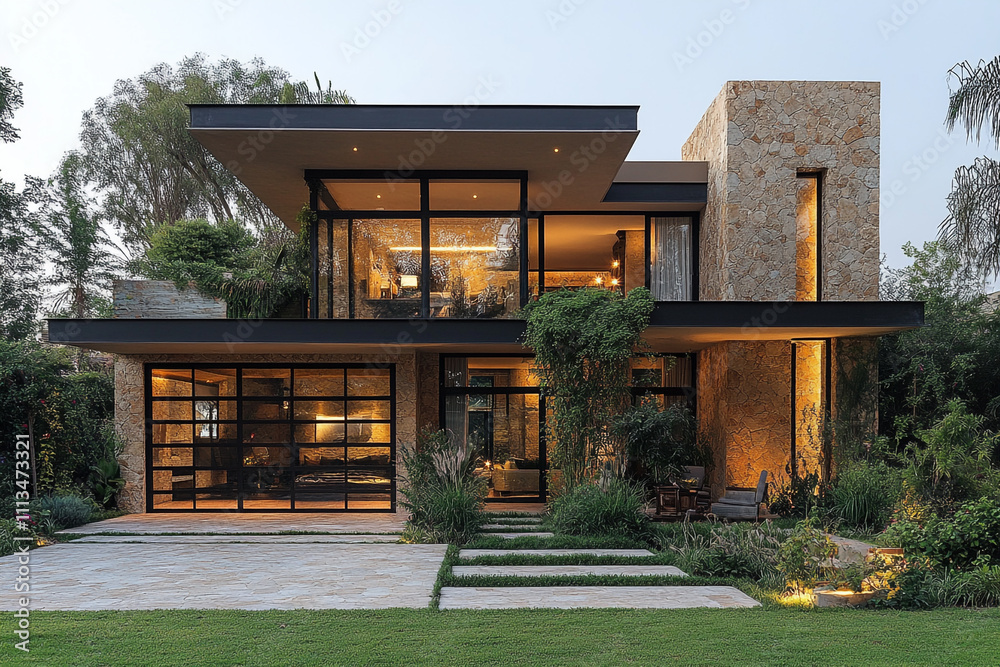 Modern Stone and Glass House Evening Illumination Modern Stone and Glass House Evening Illumination