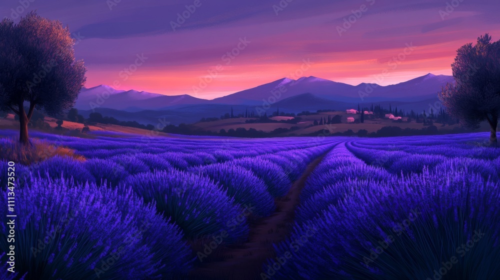 Fototapeta premium Lavender Field at Sunset with Distant Mountains and Trees