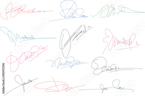 Autograph or business signatures pack set of pen handwritten names, isolated vector. Document signatures or handwriting personal name letters and surname for facsimile or business letter signature